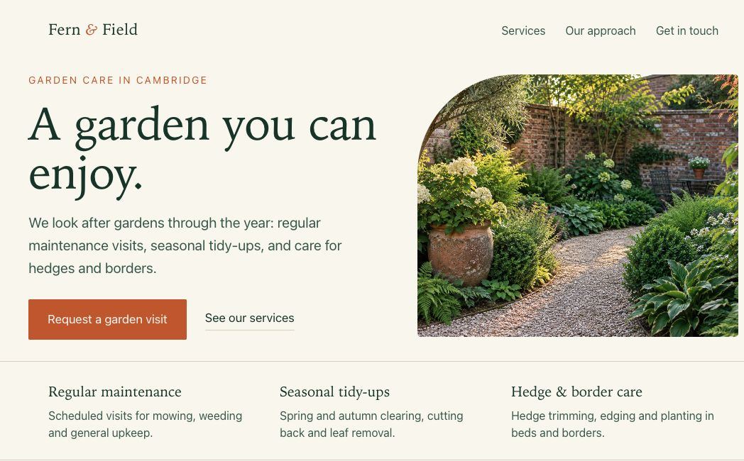 Home page of Fern & Field, a made-up garden care business, with a garden photo, a short description of its services and a Request a garden visit button